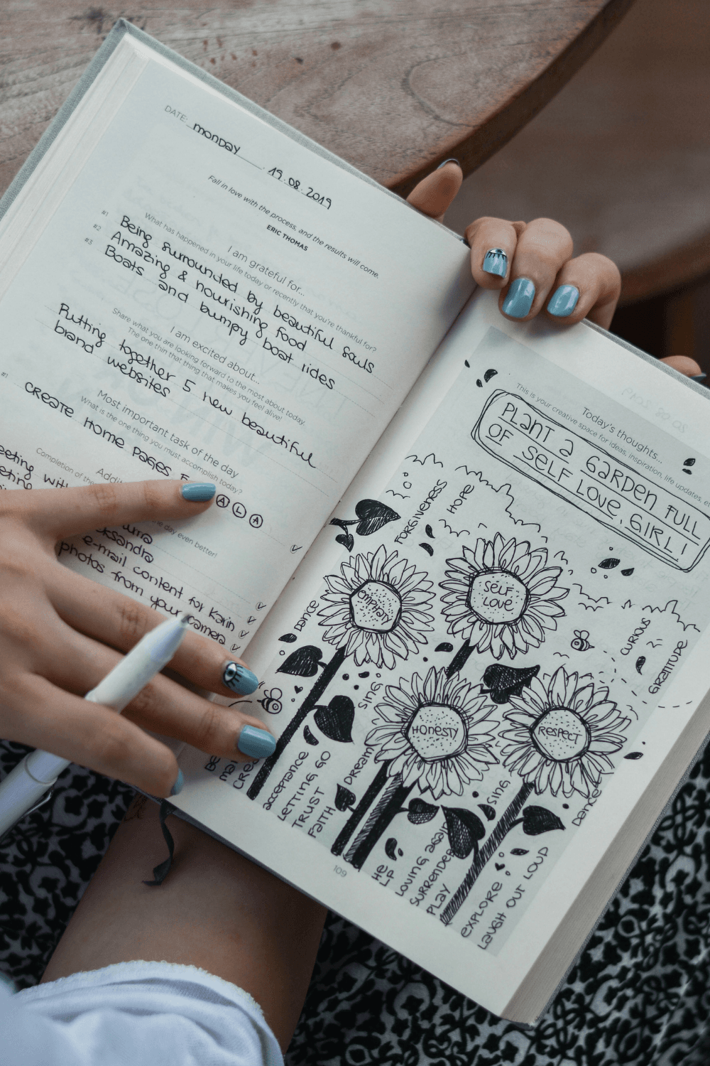 Open journal showing pen drawings of flowers