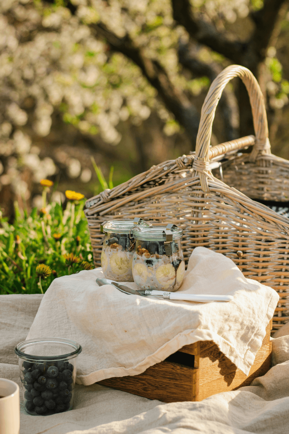Picnic basket with jars and blueberries