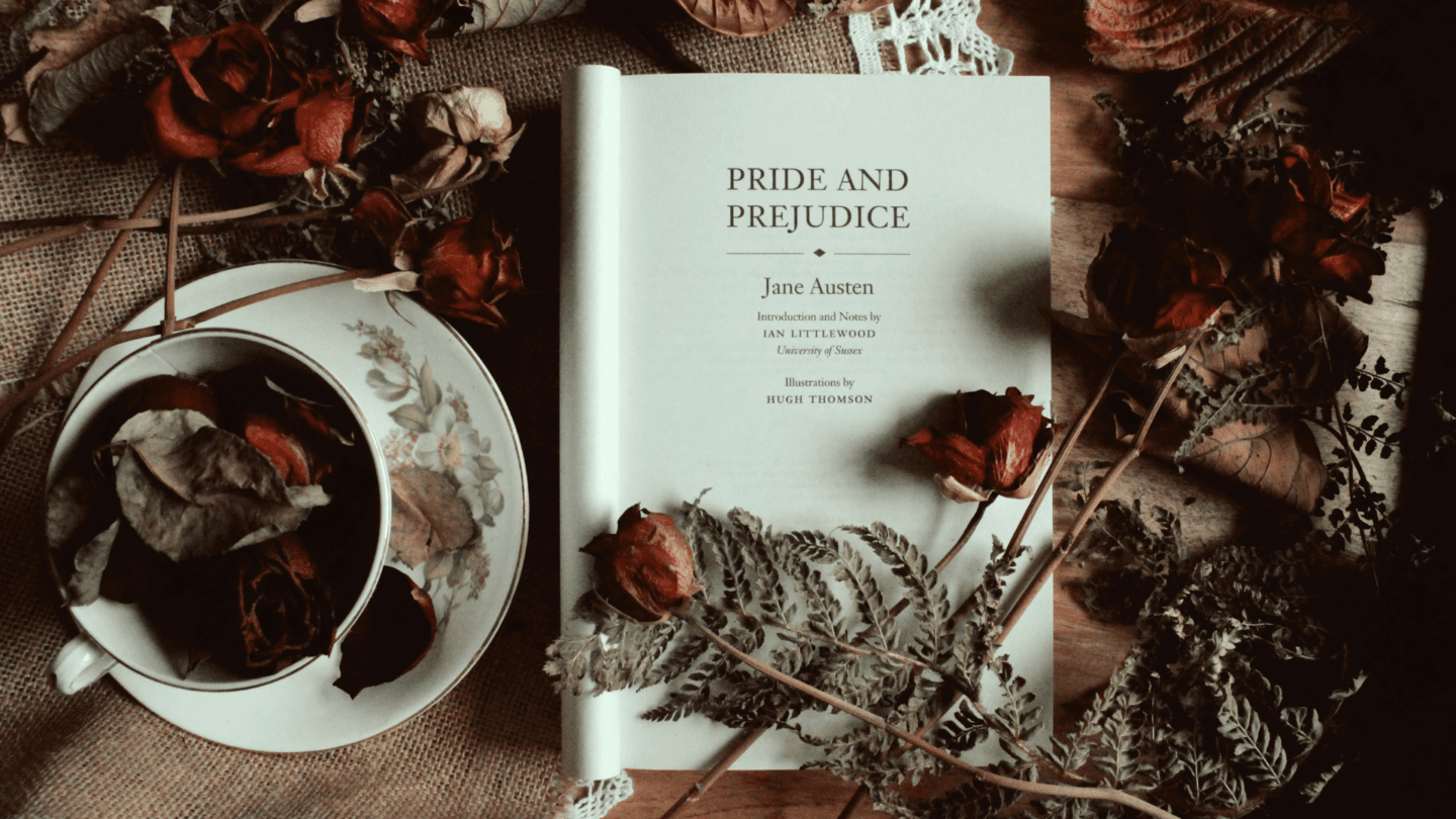 Pride and Prejudice by Jane Austen title page with dried Autumn leaves and roses and a teacup