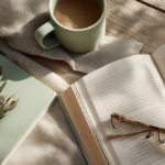 Book, coffee mug and green journal