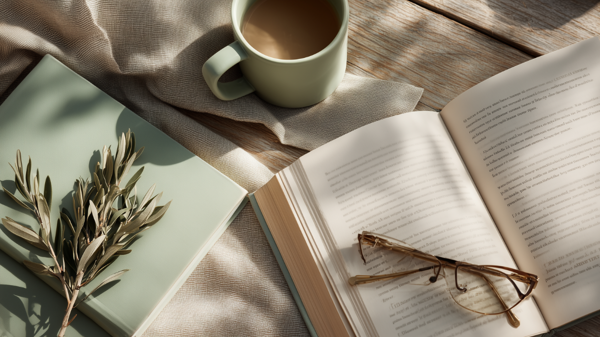 Book, coffee mug and green journal