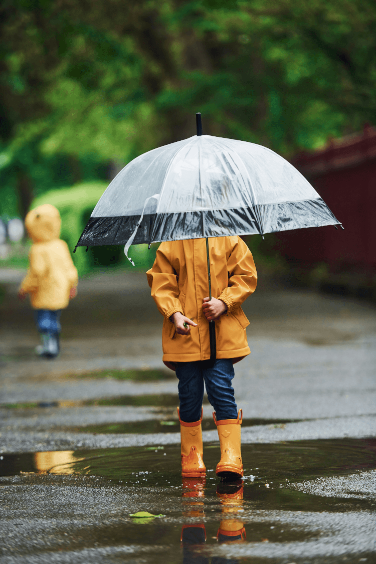 Child wearing yellow raincoat holding clear umbrella