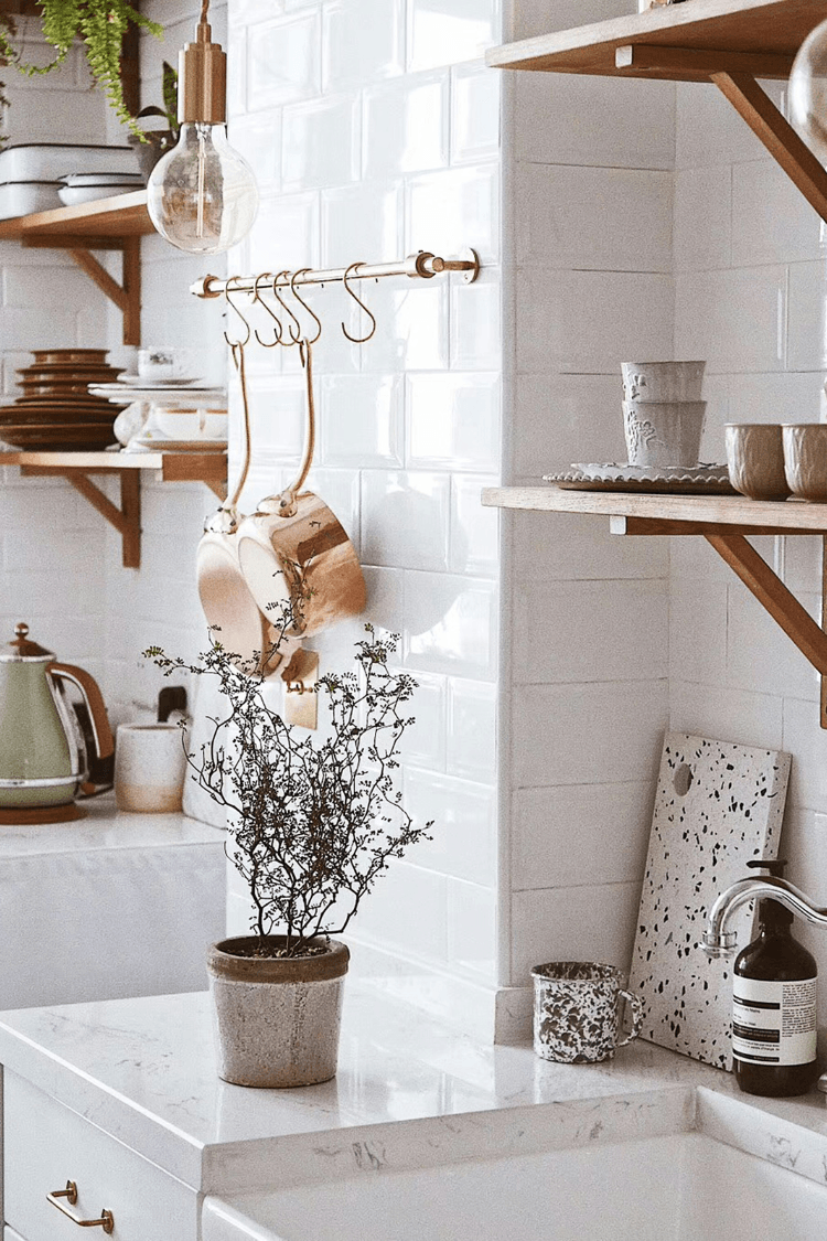 Clean and airy white kitchen with plant and copper pans