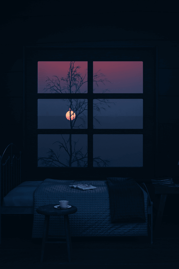 Dark room with orange moon visible from window