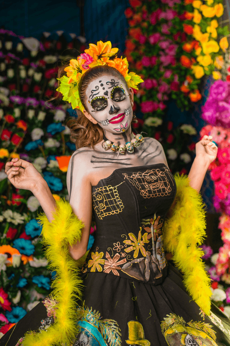 Elaborate Halloween day of the dead dress and face paint