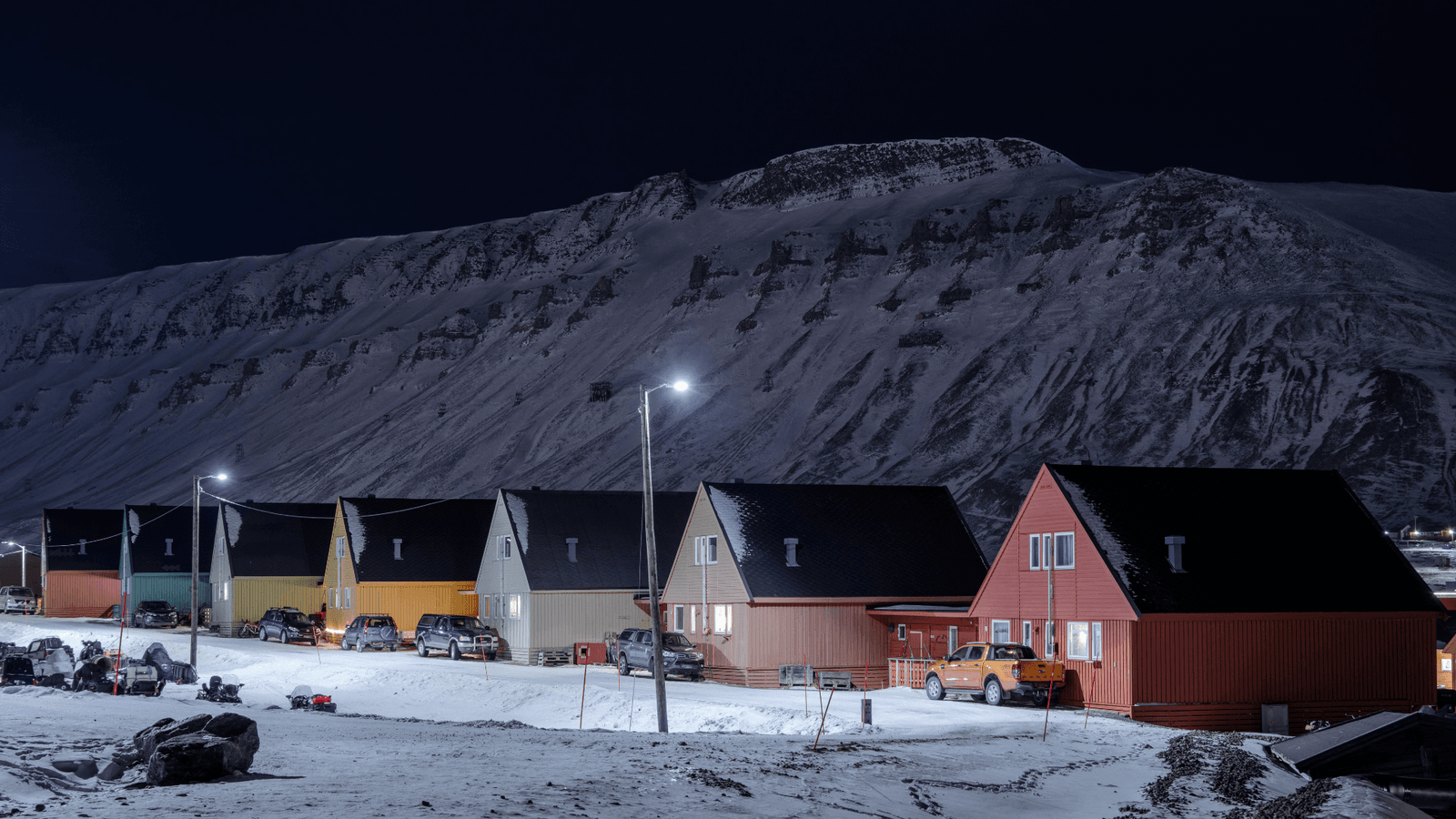 Houses in darkness, Longyearbyen, Svalbard , Norway