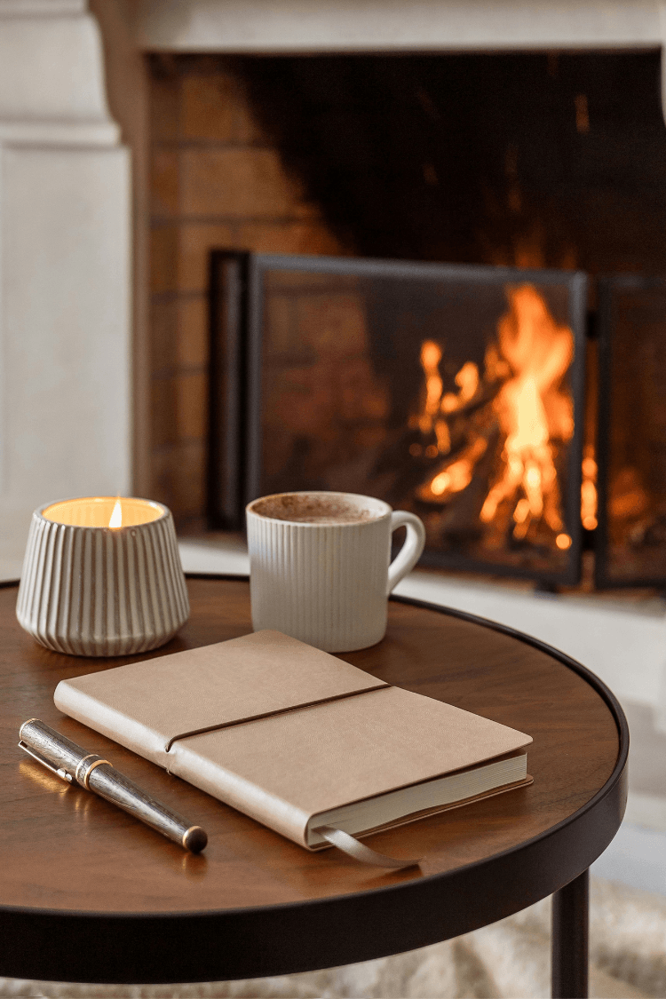 Journal on table next to mugs and fireplace
