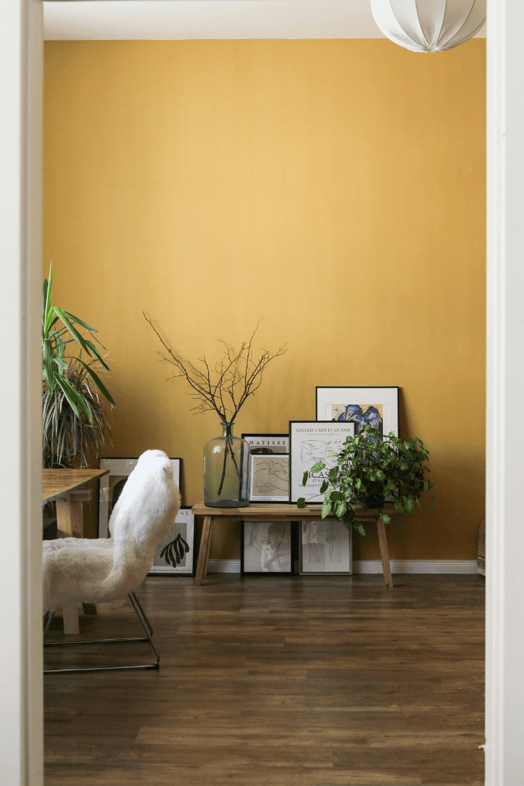 Room with yellow wall, plant and prints