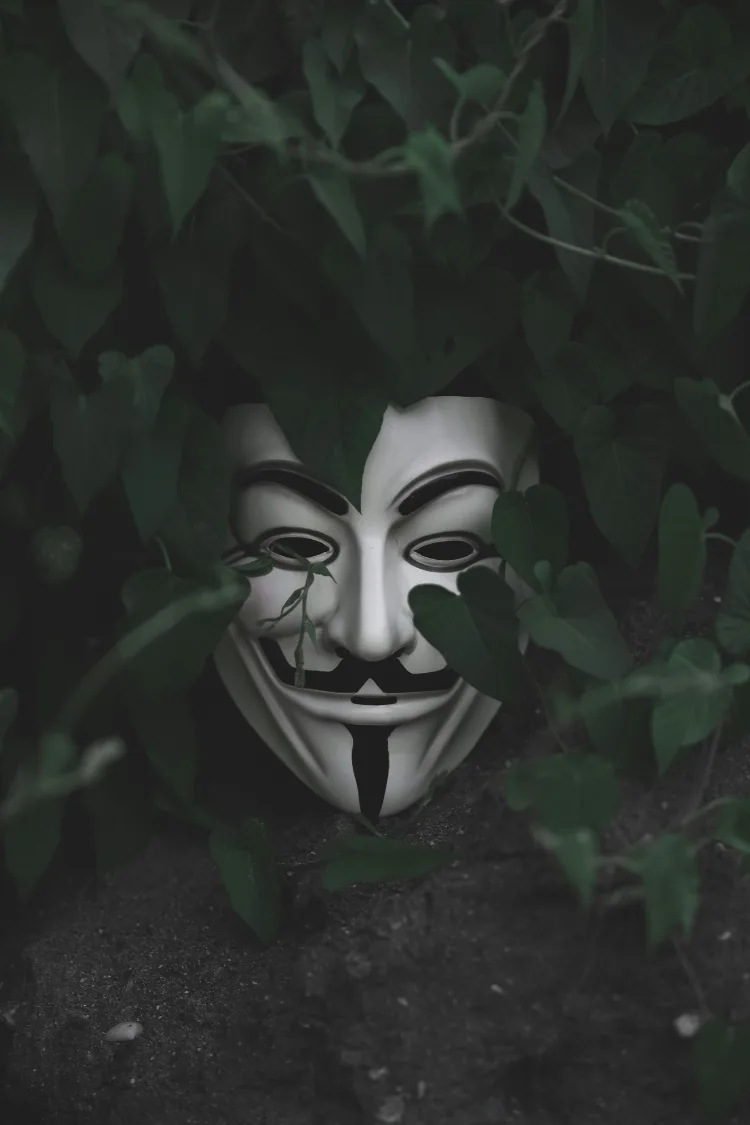 Theatre mask surrounded by dark green leaves