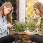 Twin teenage girls looking at their phones