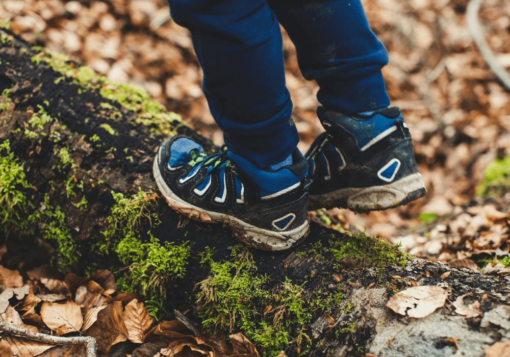 Boy wearing trainers walking along a log in autumn