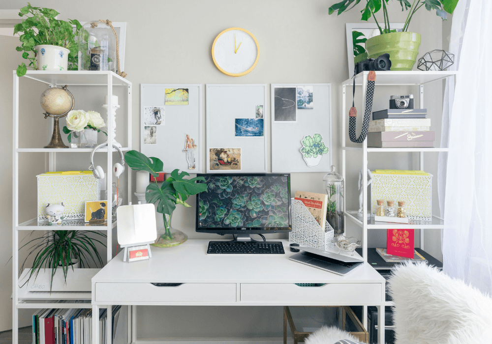 Home office with shelving and plants
