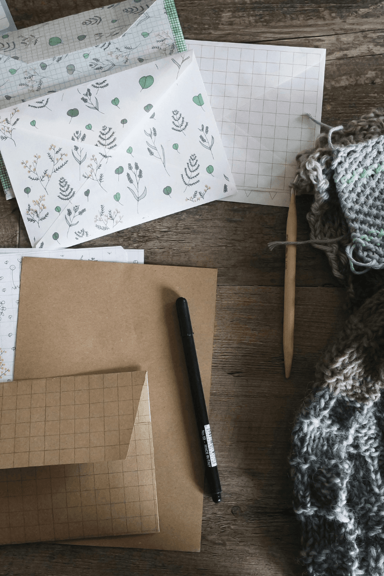 Letter writing supplies including paper and envelopes