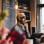Man serving coffee and snacks in cafe