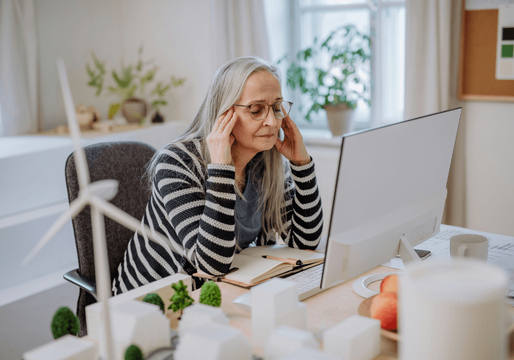 Tired woman rubbing her temples