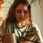 Woman holding mug and cat