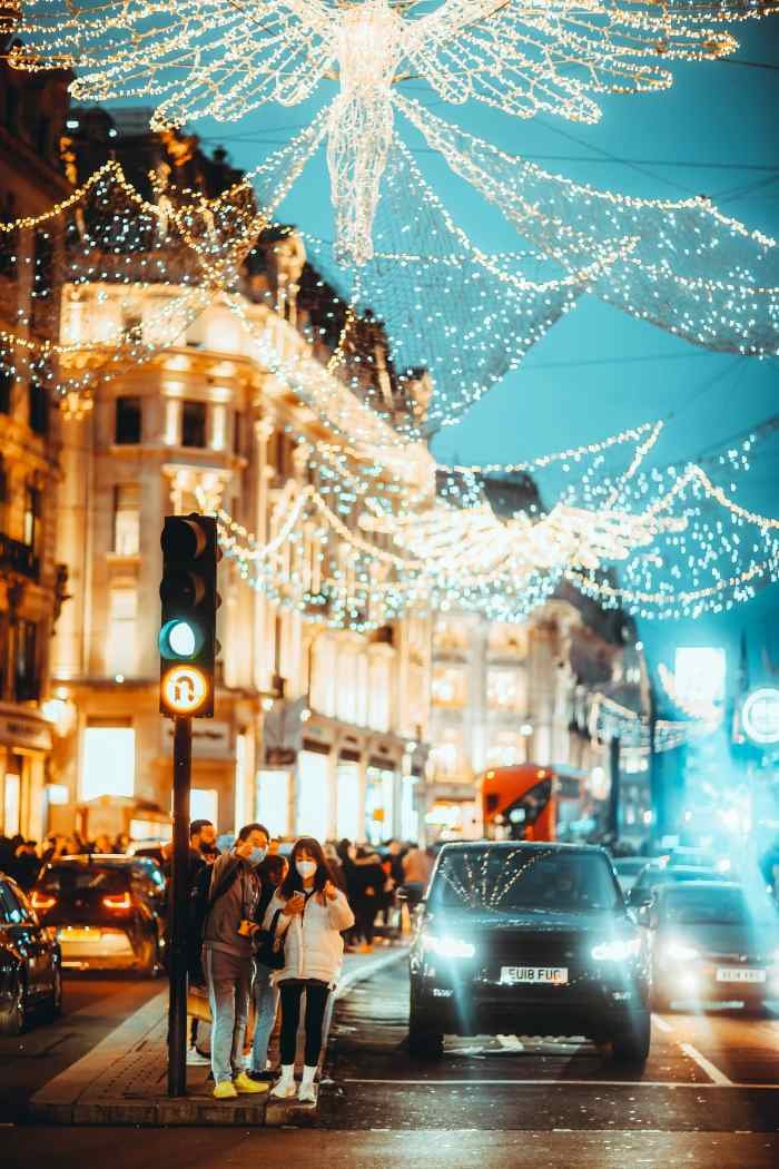 Angel Christmas decorations on busy London street