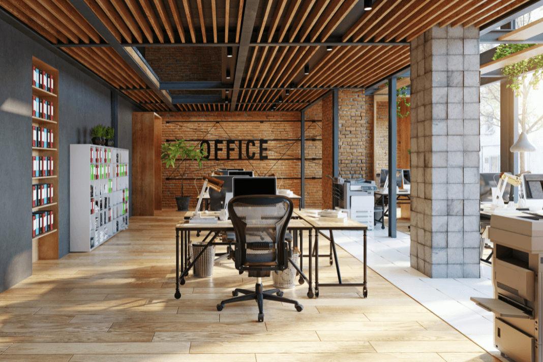 Smart open plan office with exposed brick
