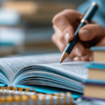 Student holding a pen and writing in a notebook