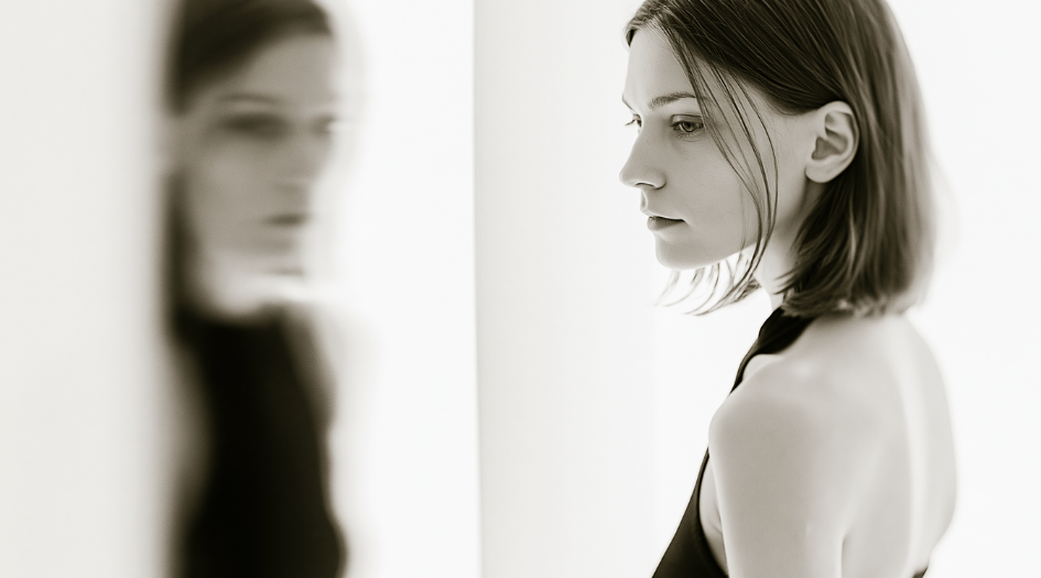 Black and white image of a young woman looking in a mirror-2