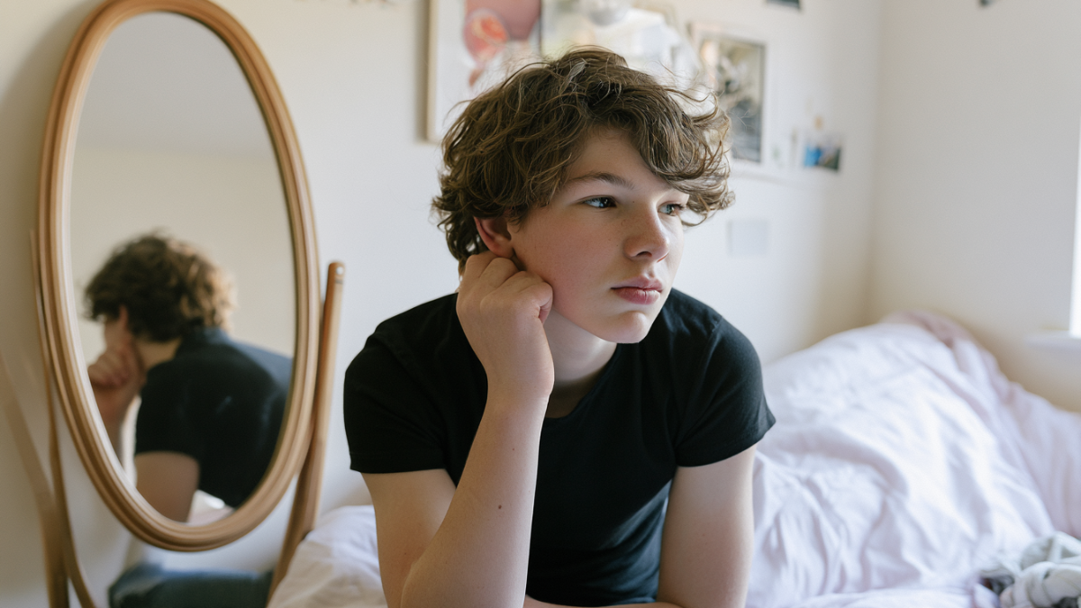 A teenage boy sitting by a bedroom mirror looking pensive