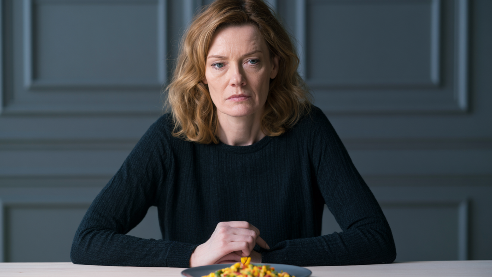 Woman in midlife sitting at table
