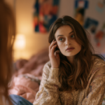 Young woman scrutinising her appearance in the mirror
