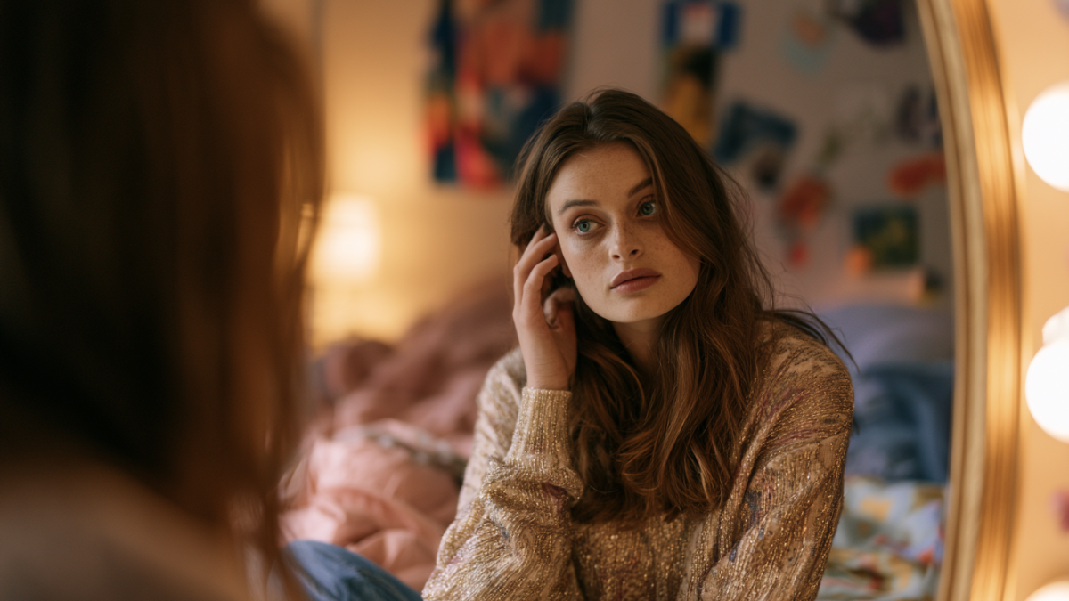Young woman scrutinising her appearance in the mirror
