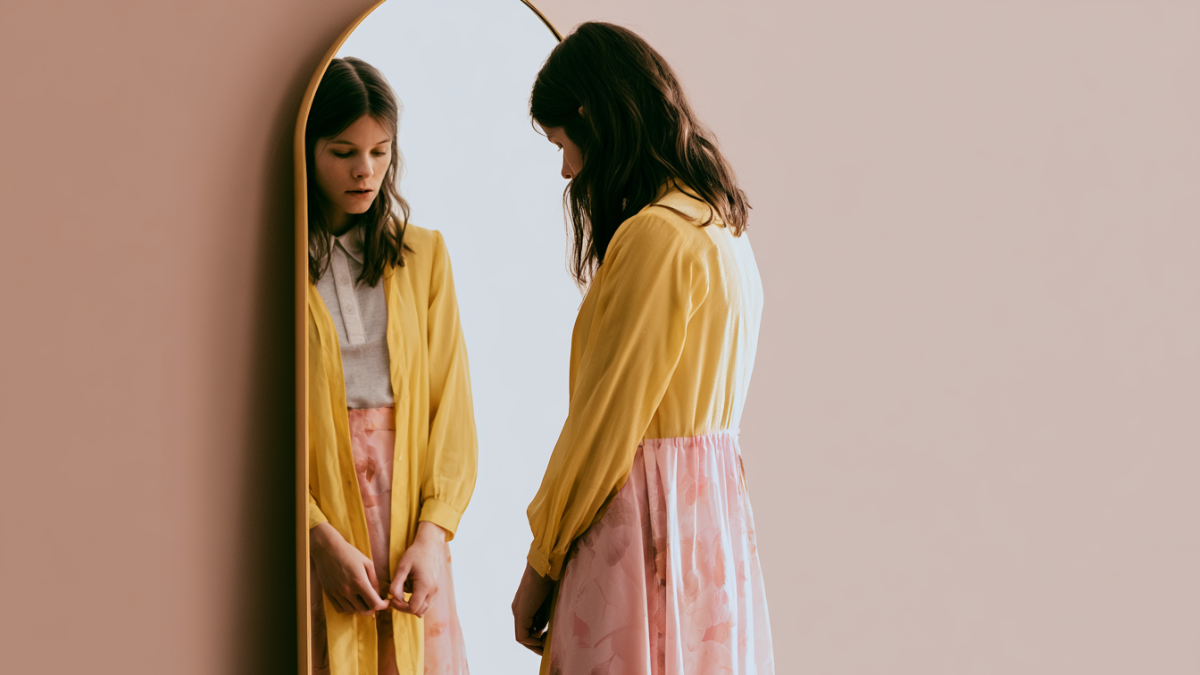 Young woman standing in front of mirror